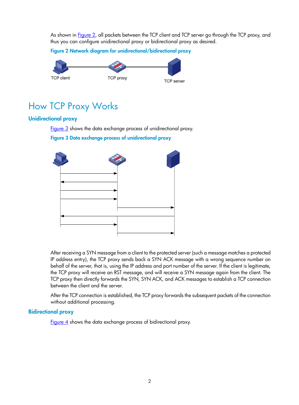 How tcp proxy works, Unidirectional proxy, Bidirectional proxy | H3C Technologies H3C SecPath F1000-E User Manual | Page 644 / 938