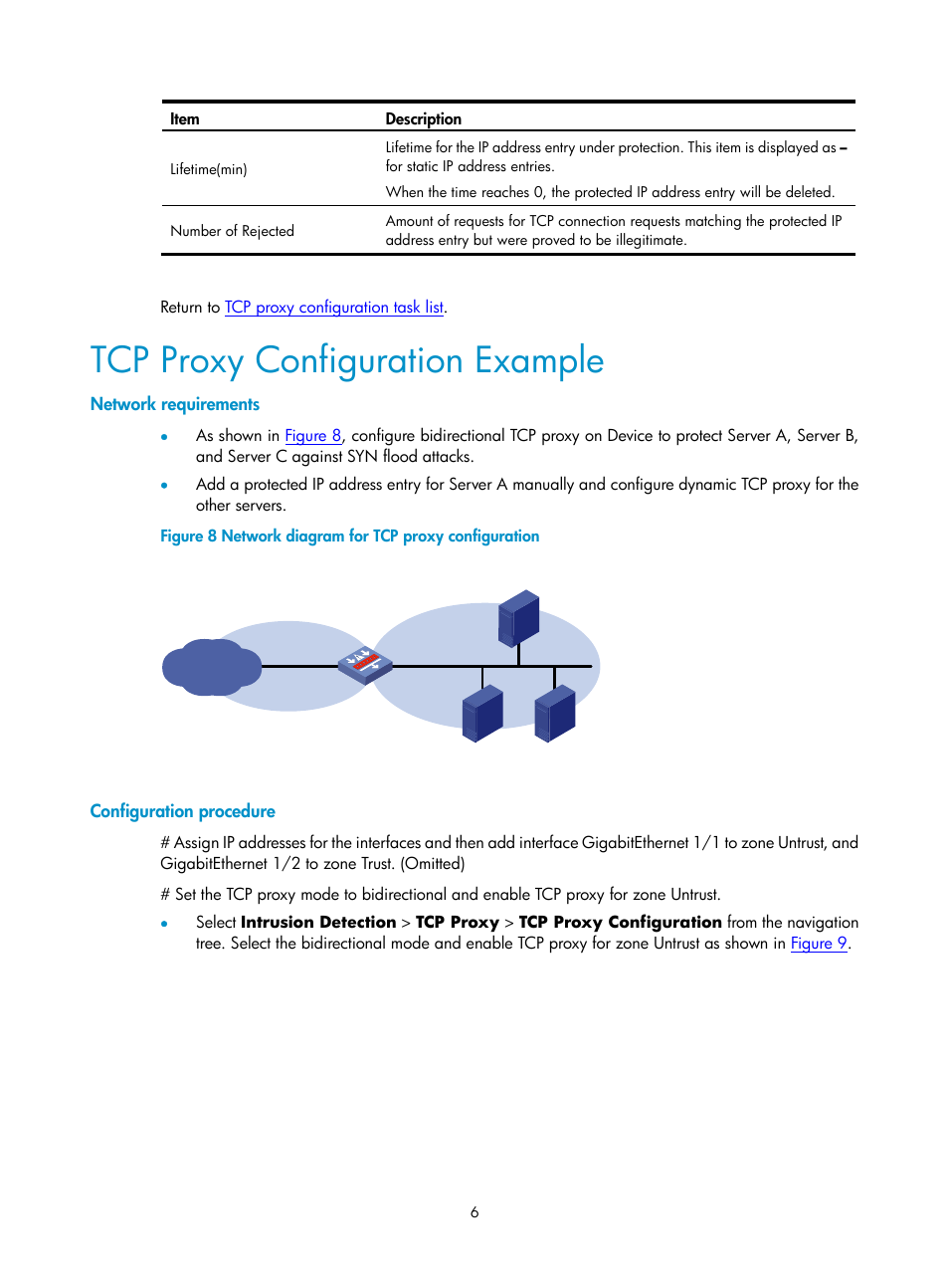 Tcp proxy configuration example, Network requirements, Configuration procedure | H3C Technologies H3C SecPath F1000-E User Manual | Page 648 / 938