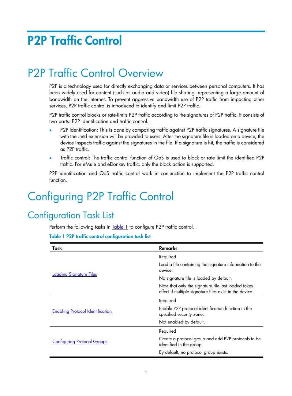 P2p traffic control, P2p traffic control overview, Configuring p2p traffic control | Configuration task list | H3C Technologies H3C SecPath F1000-E User Manual | Page 659 / 938