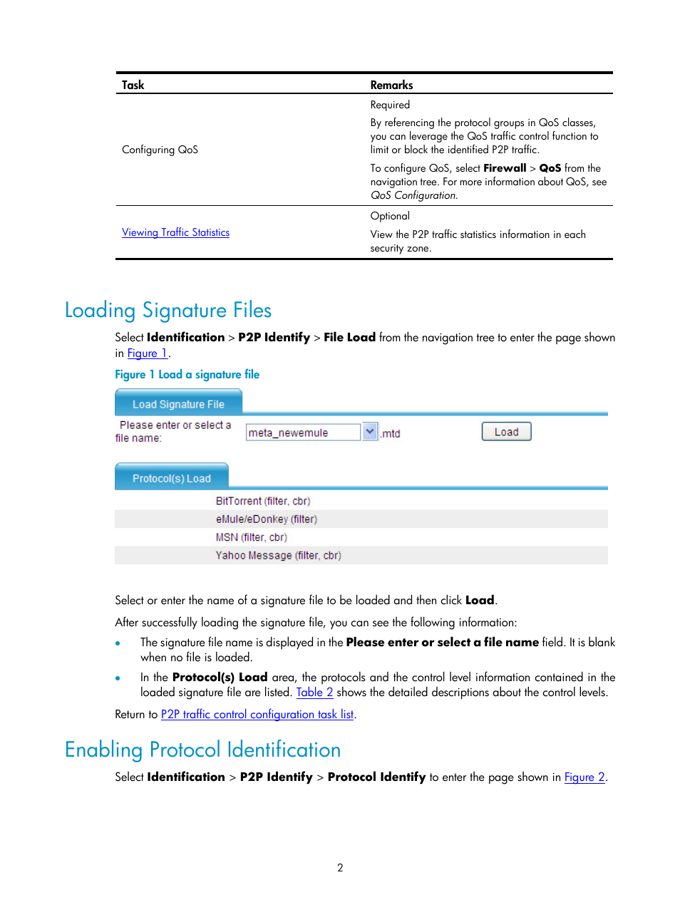 Loading signature files, Enabling protocol identification | H3C Technologies H3C SecPath F1000-E User Manual | Page 660 / 938