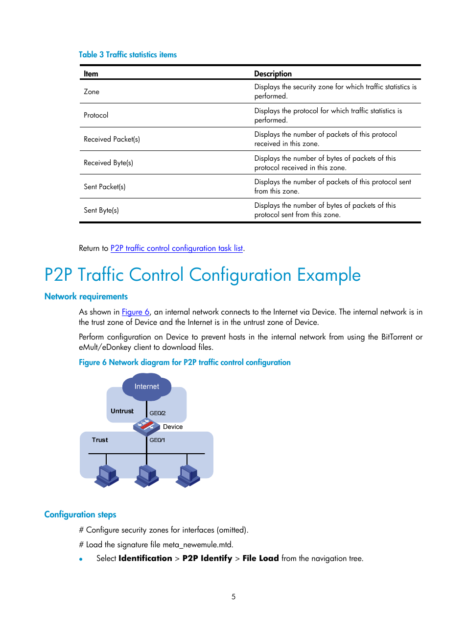 P2p traffic control configuration example, Network requirements, Configuration steps | Table 3 | H3C Technologies H3C SecPath F1000-E User Manual | Page 663 / 938