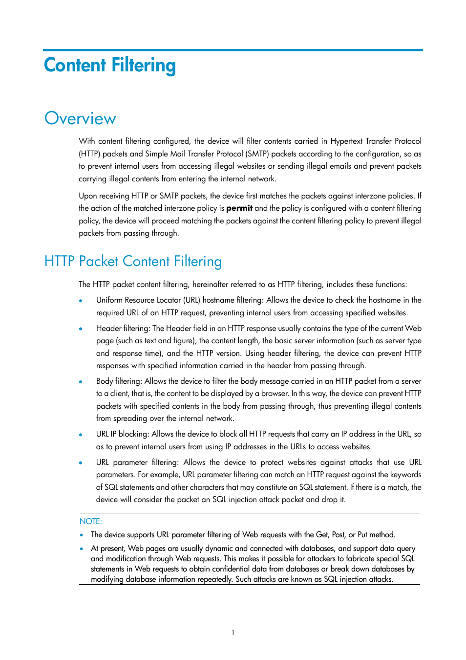 Content filtering, Overview, Http packet content filtering | H3C Technologies H3C SecPath F1000-E User Manual | Page 671 / 938