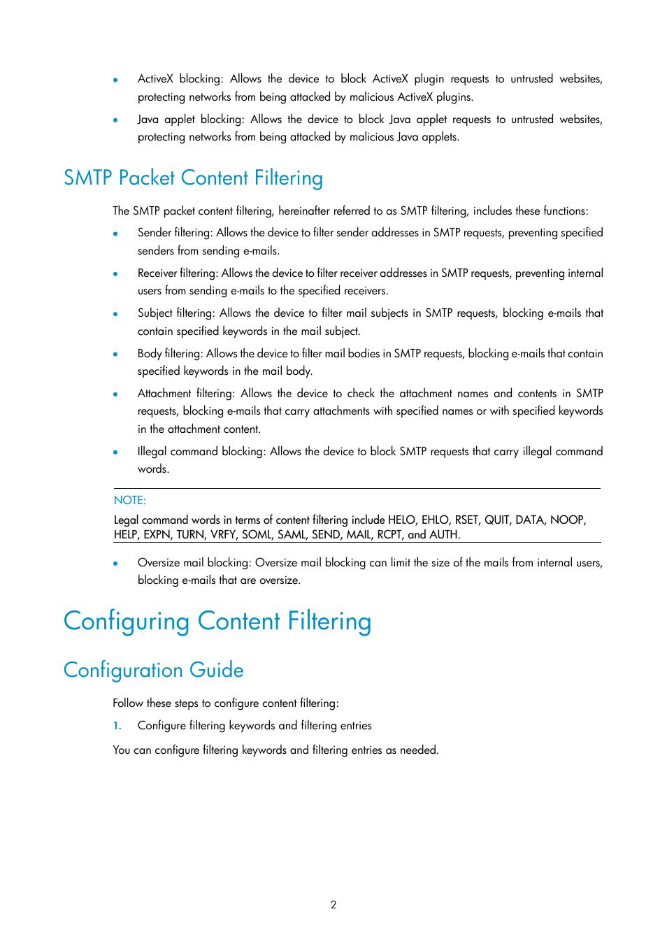 Smtp packet content filtering, Configuring content filtering, Configuration guide | H3C Technologies H3C SecPath F1000-E User Manual | Page 672 / 938