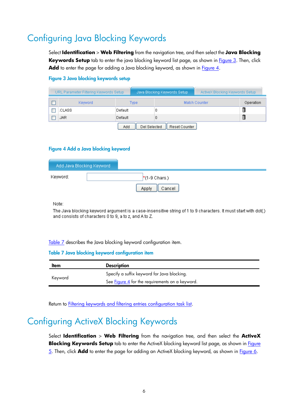 Configuring java blocking keywords, Configuring activex blocking keywords | H3C Technologies H3C SecPath F1000-E User Manual | Page 676 / 938