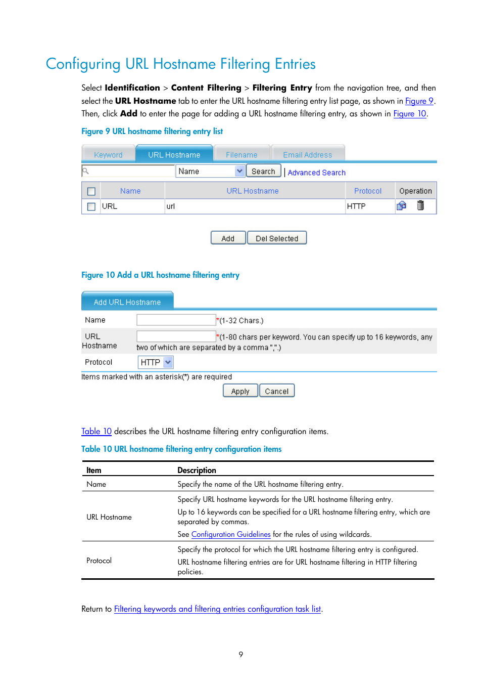 Configuring url hostname filtering entries | H3C Technologies H3C SecPath F1000-E User Manual | Page 679 / 938