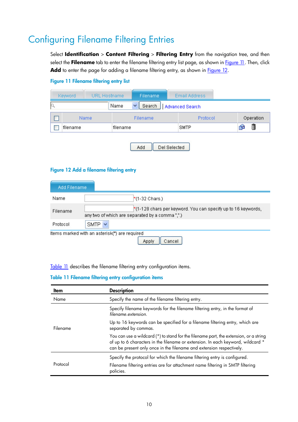 Configuring filename filtering entries | H3C Technologies H3C SecPath F1000-E User Manual | Page 680 / 938