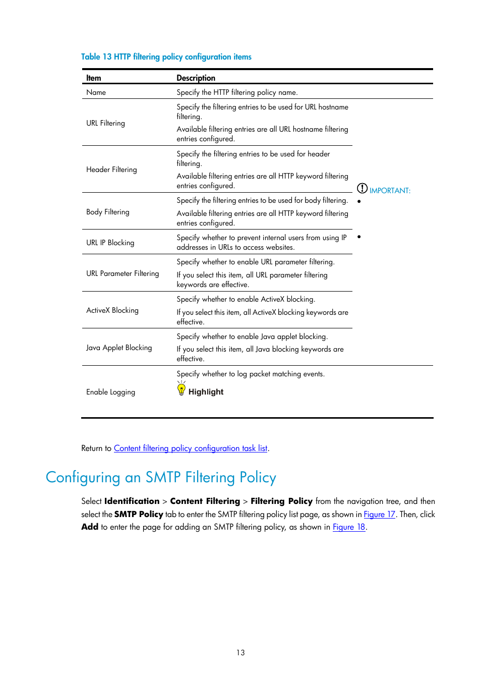 Configuring an smtp filtering policy, Table 13 | H3C Technologies H3C SecPath F1000-E User Manual | Page 683 / 938