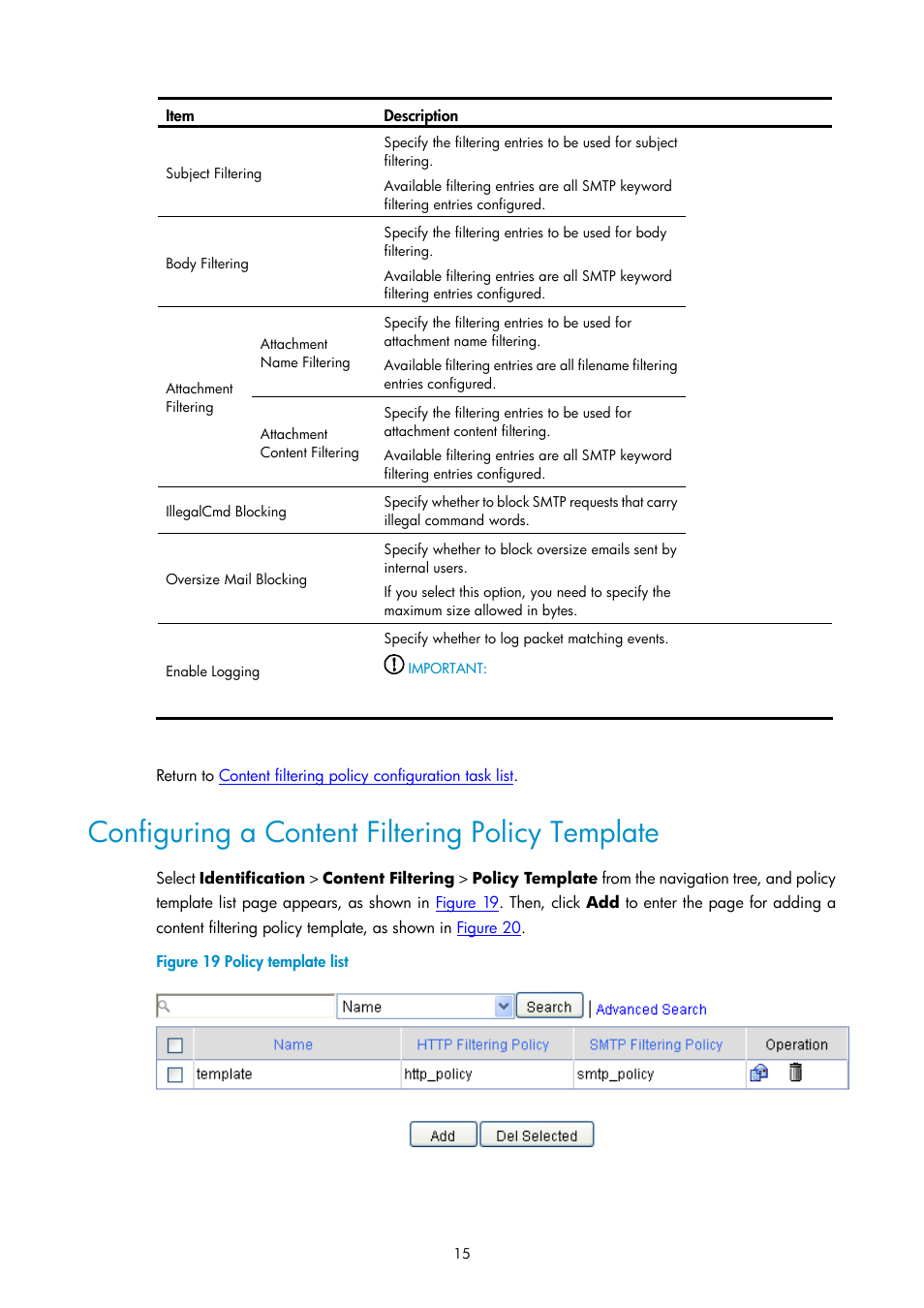 Configuring a content filtering policy template | H3C Technologies H3C SecPath F1000-E User Manual | Page 685 / 938