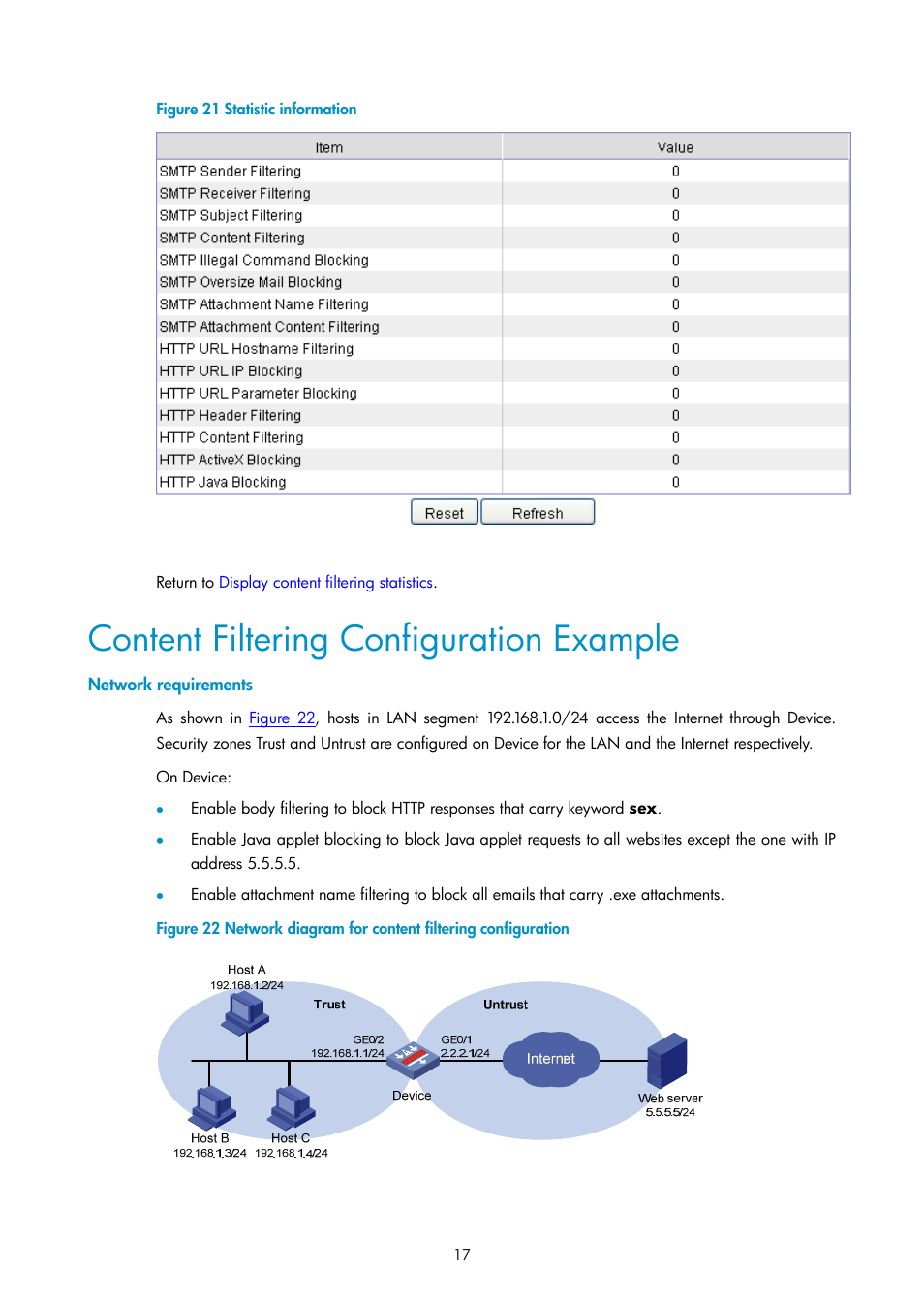 Content filtering configuration example, Network requirements, N in | Figure 21 | H3C Technologies H3C SecPath F1000-E User Manual | Page 687 / 938