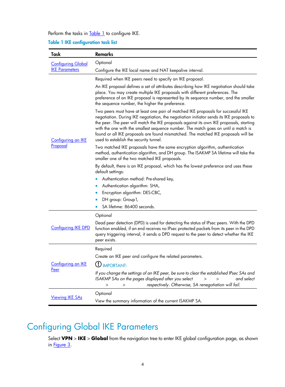 Configuring global ike parameters | H3C Technologies H3C SecPath F1000-E User Manual | Page 701 / 938