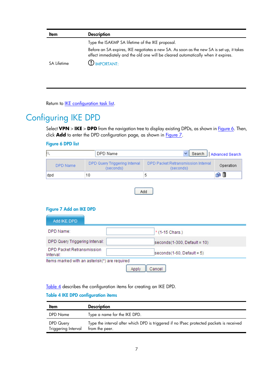Configuring ike dpd | H3C Technologies H3C SecPath F1000-E User Manual | Page 704 / 938