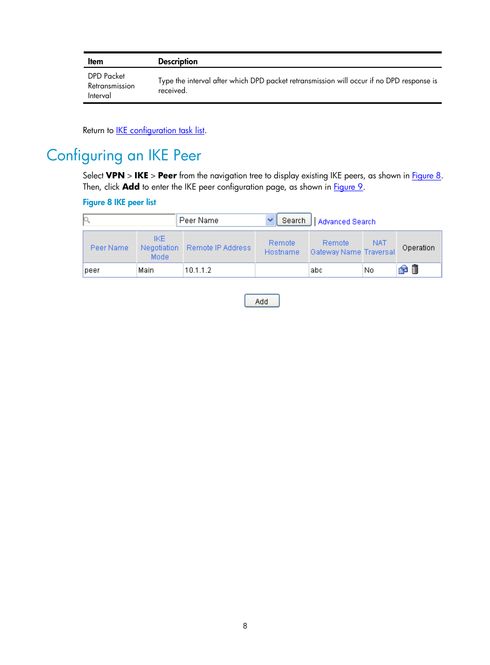 Configuring an ike peer | H3C Technologies H3C SecPath F1000-E User Manual | Page 705 / 938