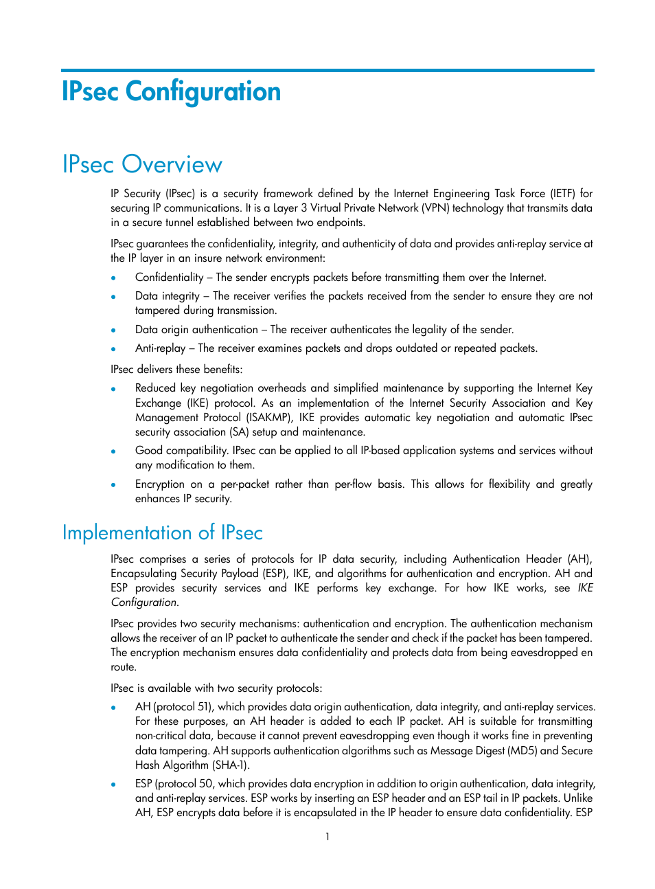 Ipsec configuration, Ipsec overview, Implementation of ipsec | H3C Technologies H3C SecPath F1000-E User Manual | Page 713 / 938