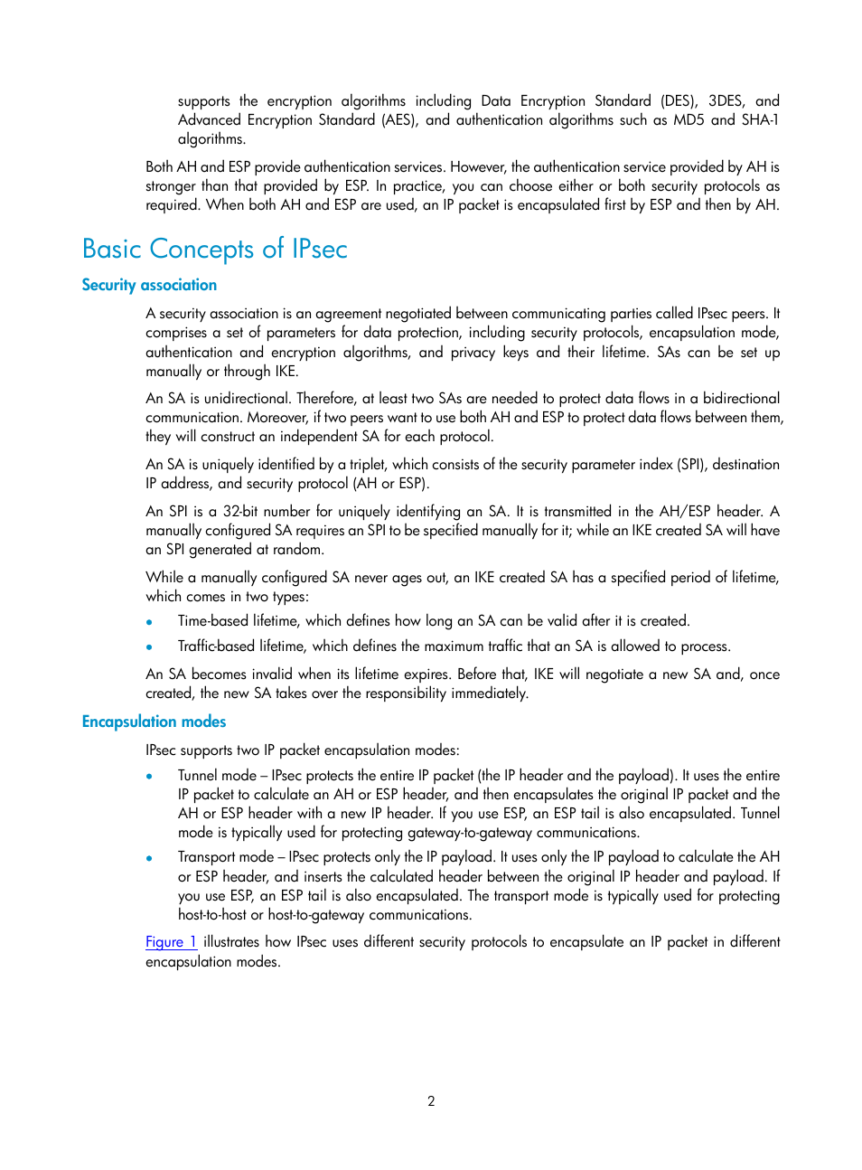 Basic concepts of ipsec, Security association, Encapsulation modes | H3C Technologies H3C SecPath F1000-E User Manual | Page 714 / 938