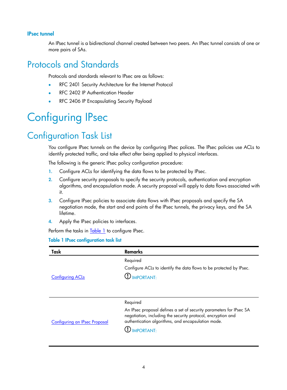 Ipsec tunnel, Protocols and standards, Configuring ipsec | Configuration task list | H3C Technologies H3C SecPath F1000-E User Manual | Page 716 / 938