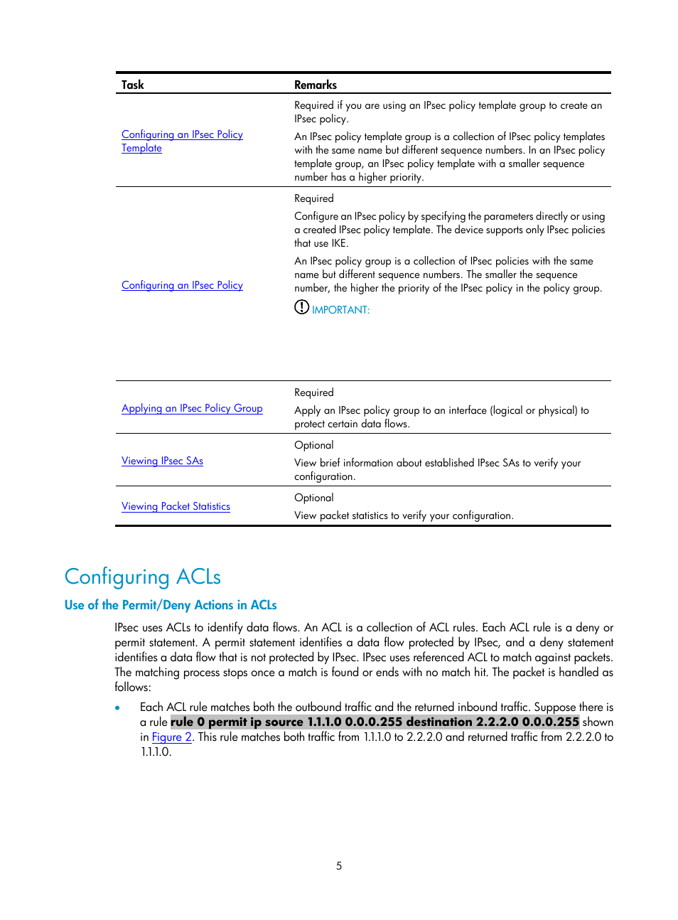 Configuring acls, Use of the permit/deny actions in acls | H3C Technologies H3C SecPath F1000-E User Manual | Page 717 / 938