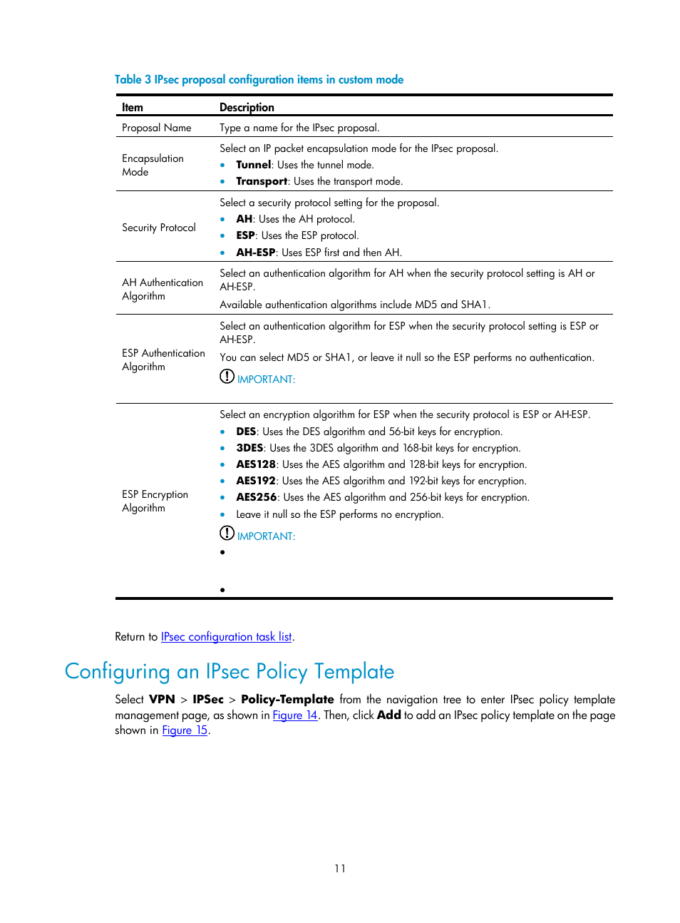 Configuring an ipsec policy template, Table 3 | H3C Technologies H3C SecPath F1000-E User Manual | Page 723 / 938