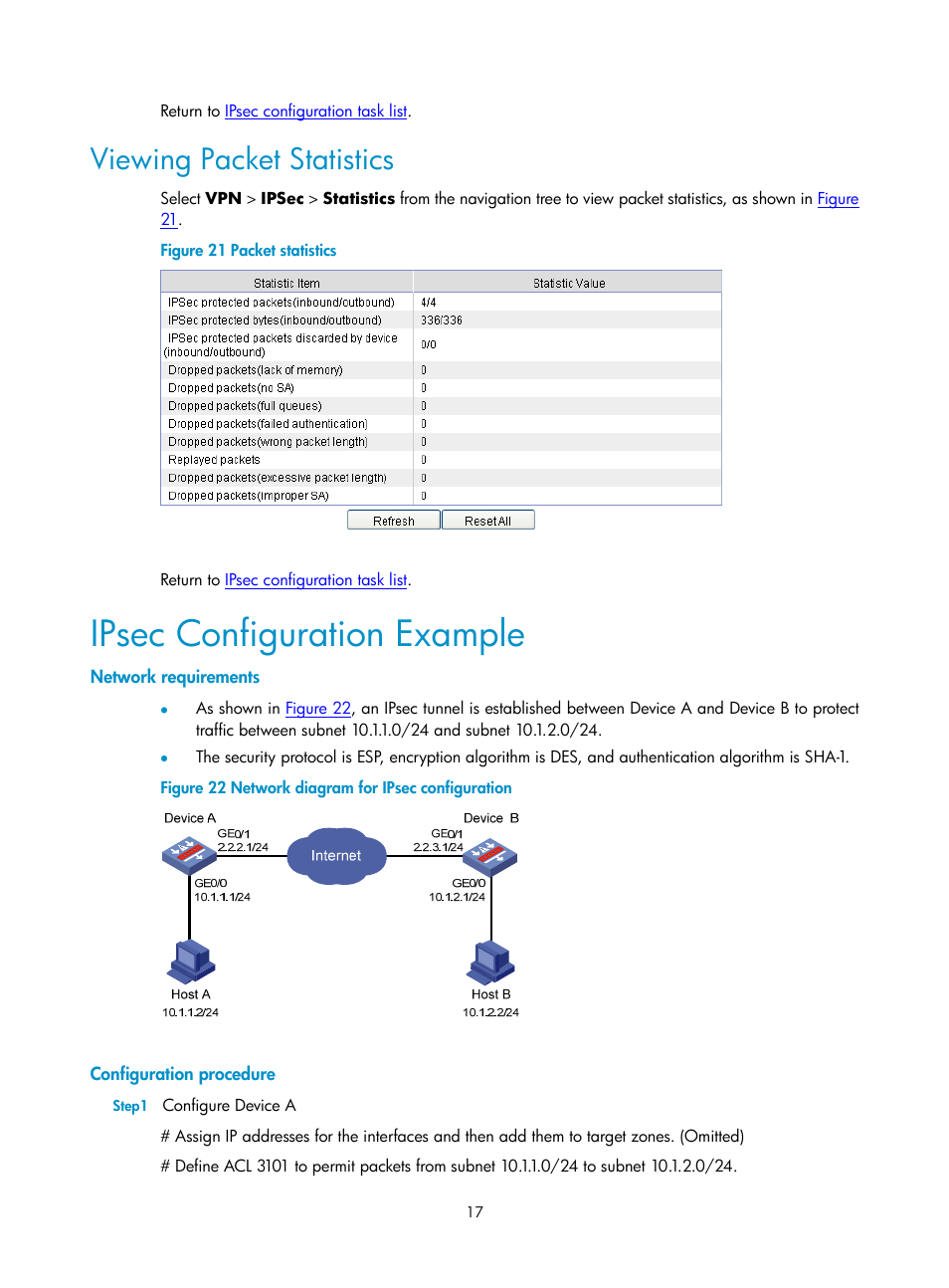 Viewing packet statistics, Ipsec configuration example, Network requirements | Configuration procedure | H3C Technologies H3C SecPath F1000-E User Manual | Page 729 / 938