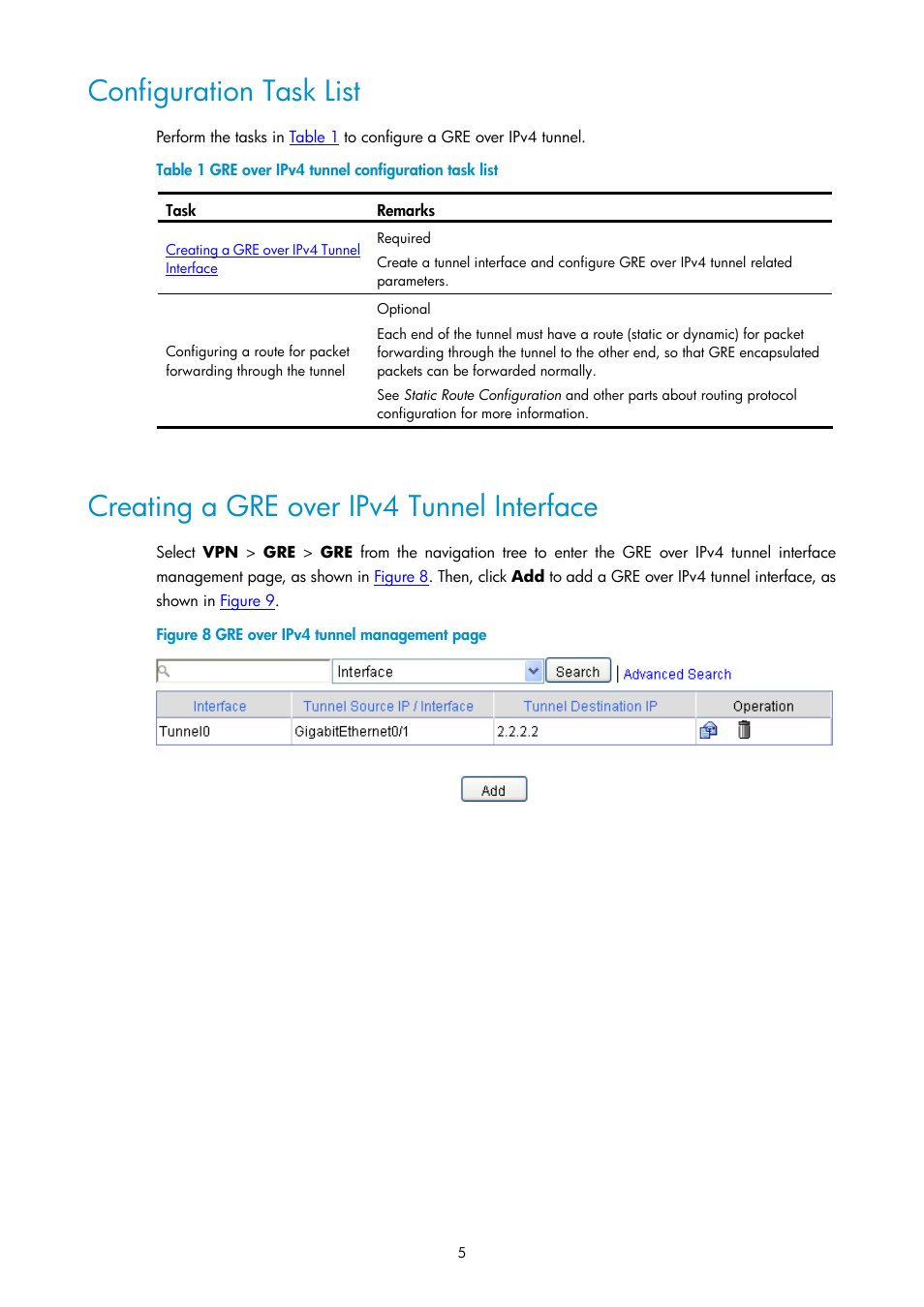 Configuration task list, Creating a gre over ipv4 tunnel interface | H3C Technologies H3C SecPath F1000-E User Manual | Page 741 / 938