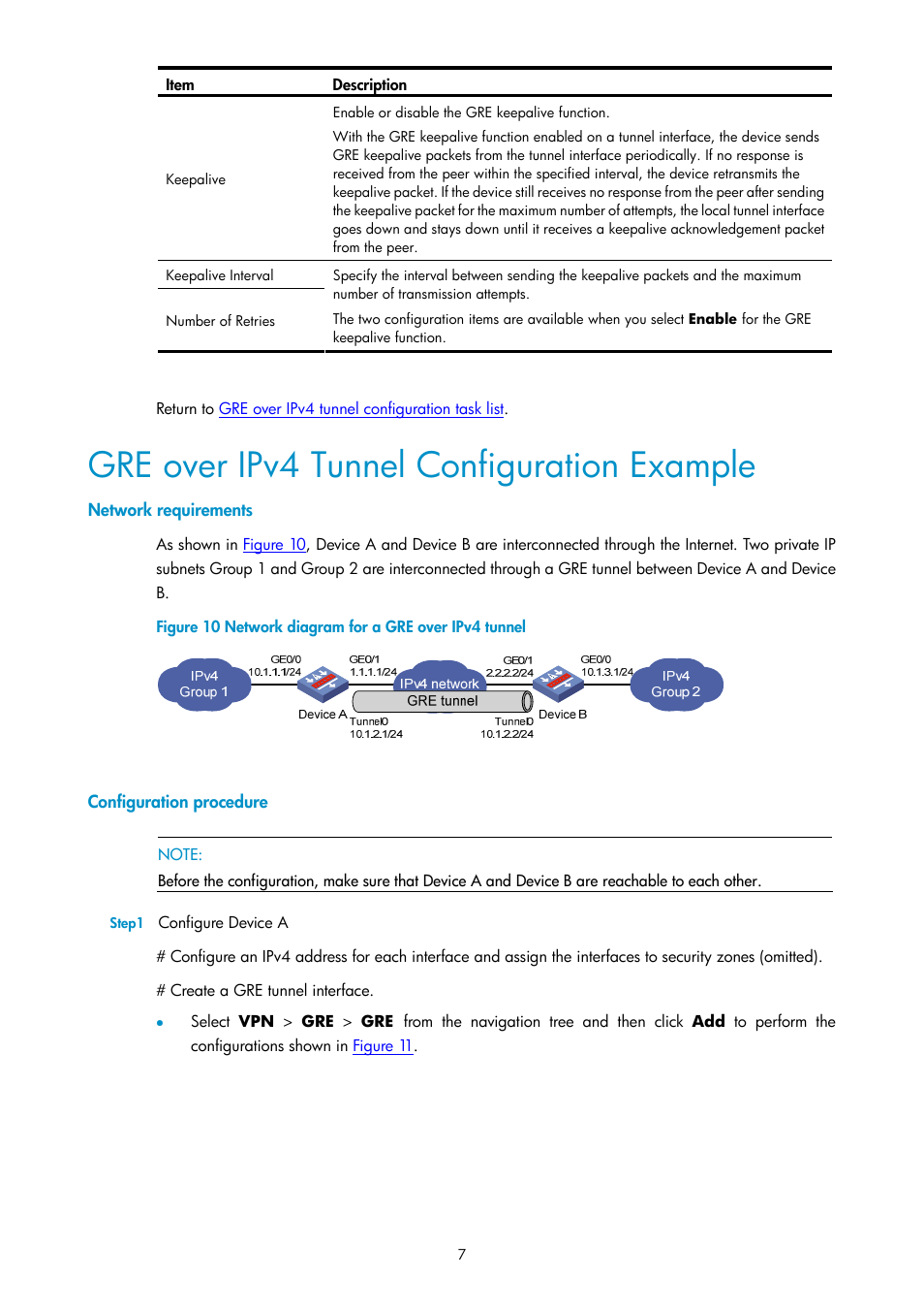 Gre over ipv4 tunnel configuration example, Network requirements, Configuration procedure | H3C Technologies H3C SecPath F1000-E User Manual | Page 743 / 938