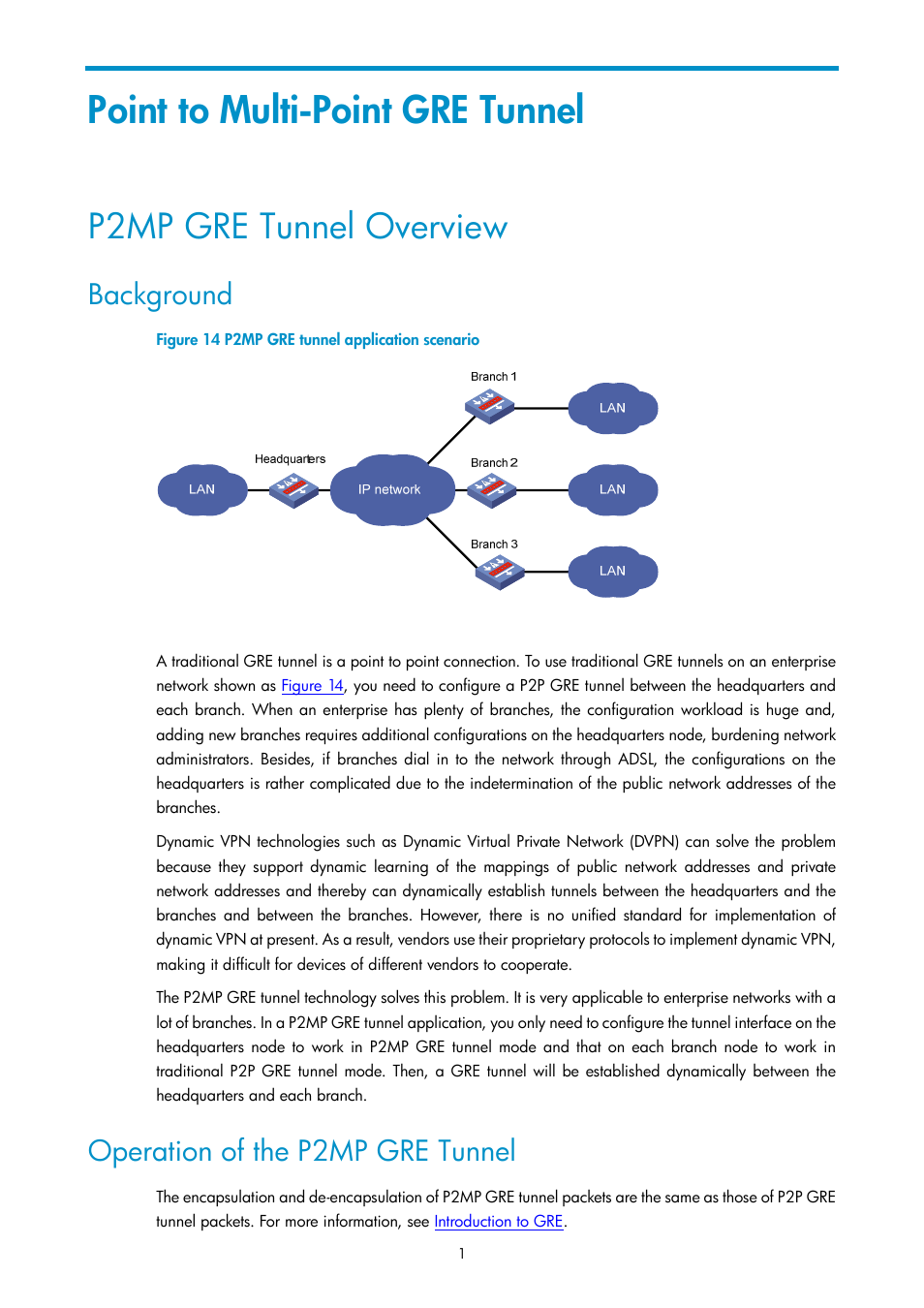 Point to multi-point gre tunnel, P2mp gre tunnel overview, Background | Operation of the p2mp gre tunnel | H3C Technologies H3C SecPath F1000-E User Manual | Page 747 / 938