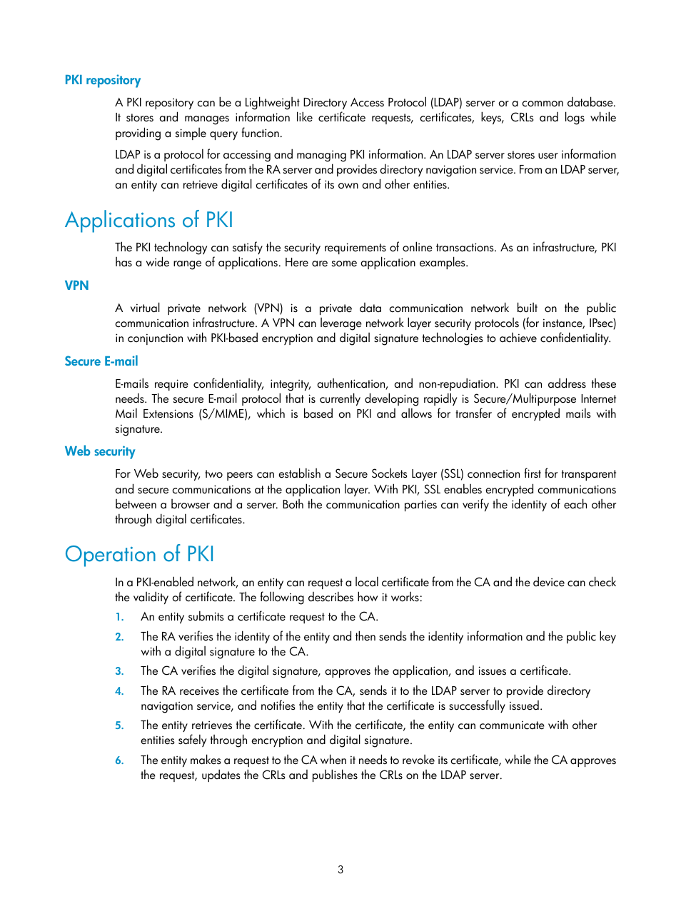 Pki repository, Applications of pki, Secure e-mail | Web security, Operation of pki | H3C Technologies H3C SecPath F1000-E User Manual | Page 777 / 938