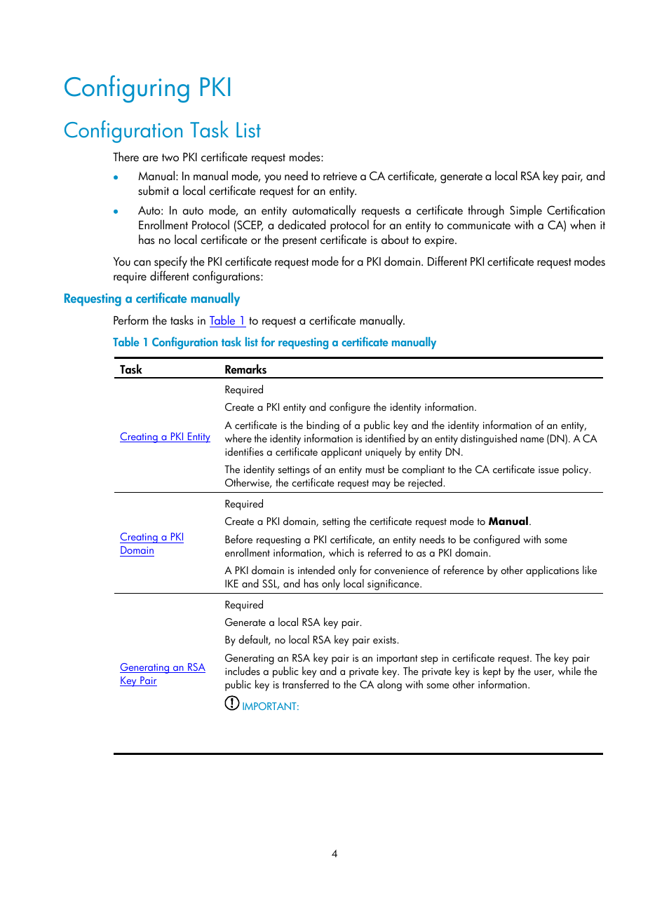 Configuring pki, Configuration task list, Requesting a certificate manually | H3C Technologies H3C SecPath F1000-E User Manual | Page 778 / 938