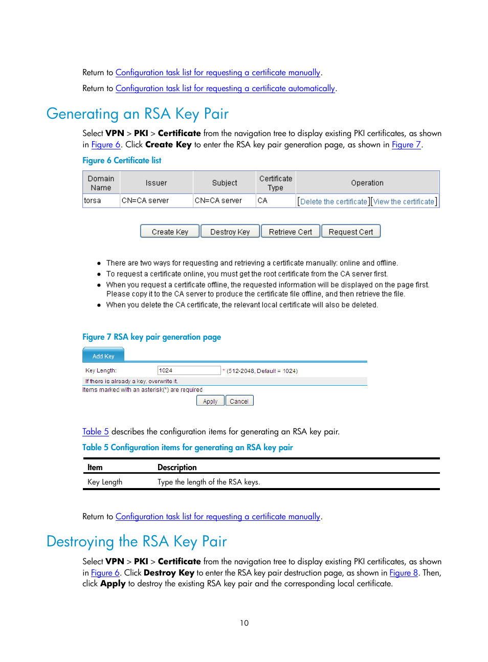 Generating an rsa key pair, Destroying the rsa key pair | H3C Technologies H3C SecPath F1000-E User Manual | Page 784 / 938