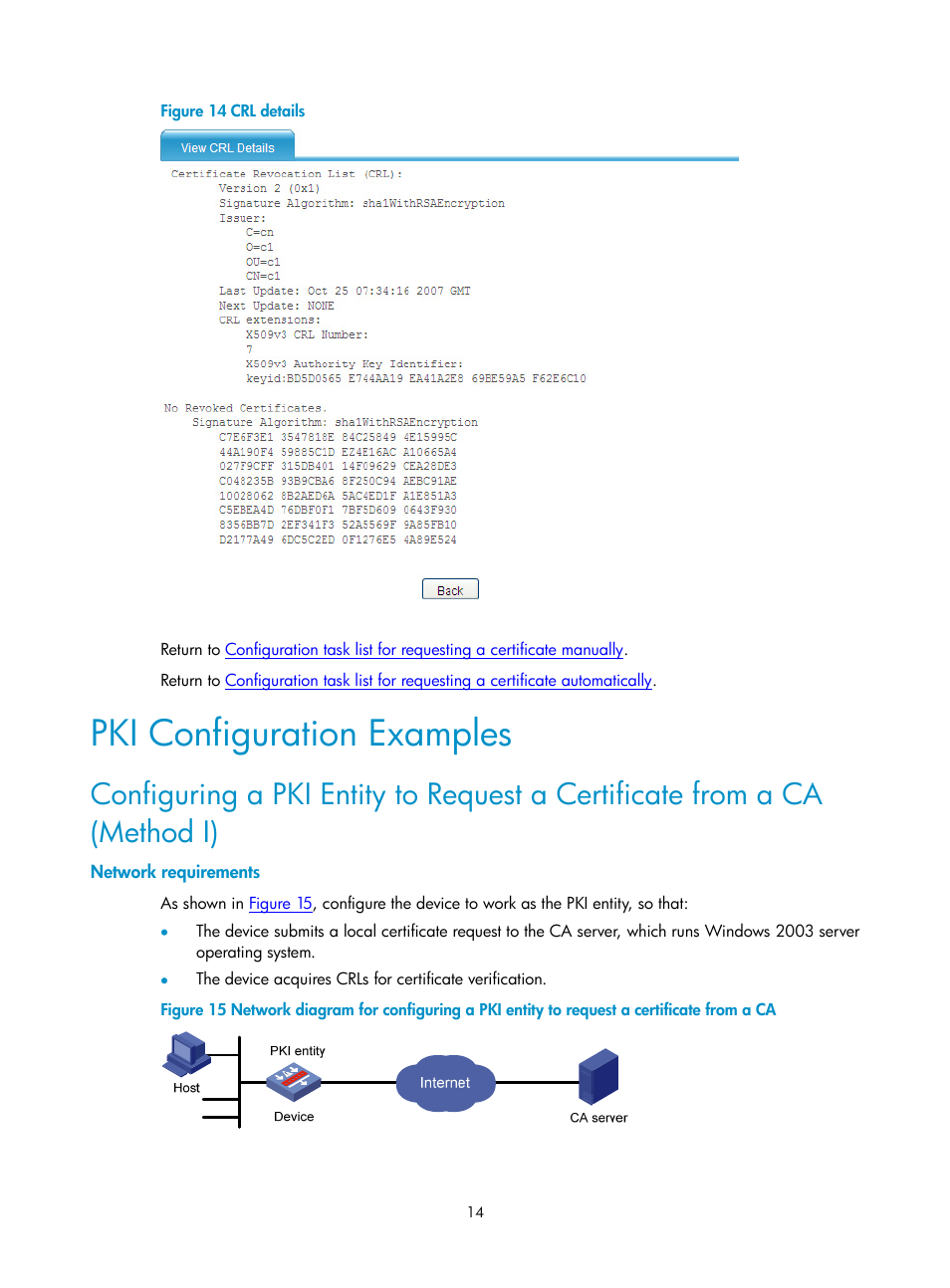 Pki configuration examples, Network requirements, N in | Figure 14 | H3C Technologies H3C SecPath F1000-E User Manual | Page 788 / 938