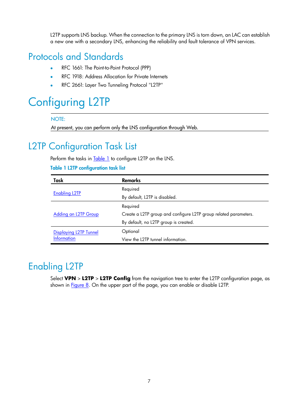 Protocols and standards, Configuring l2tp, L2tp configuration task list | Enabling l2tp | H3C Technologies H3C SecPath F1000-E User Manual | Page 815 / 938