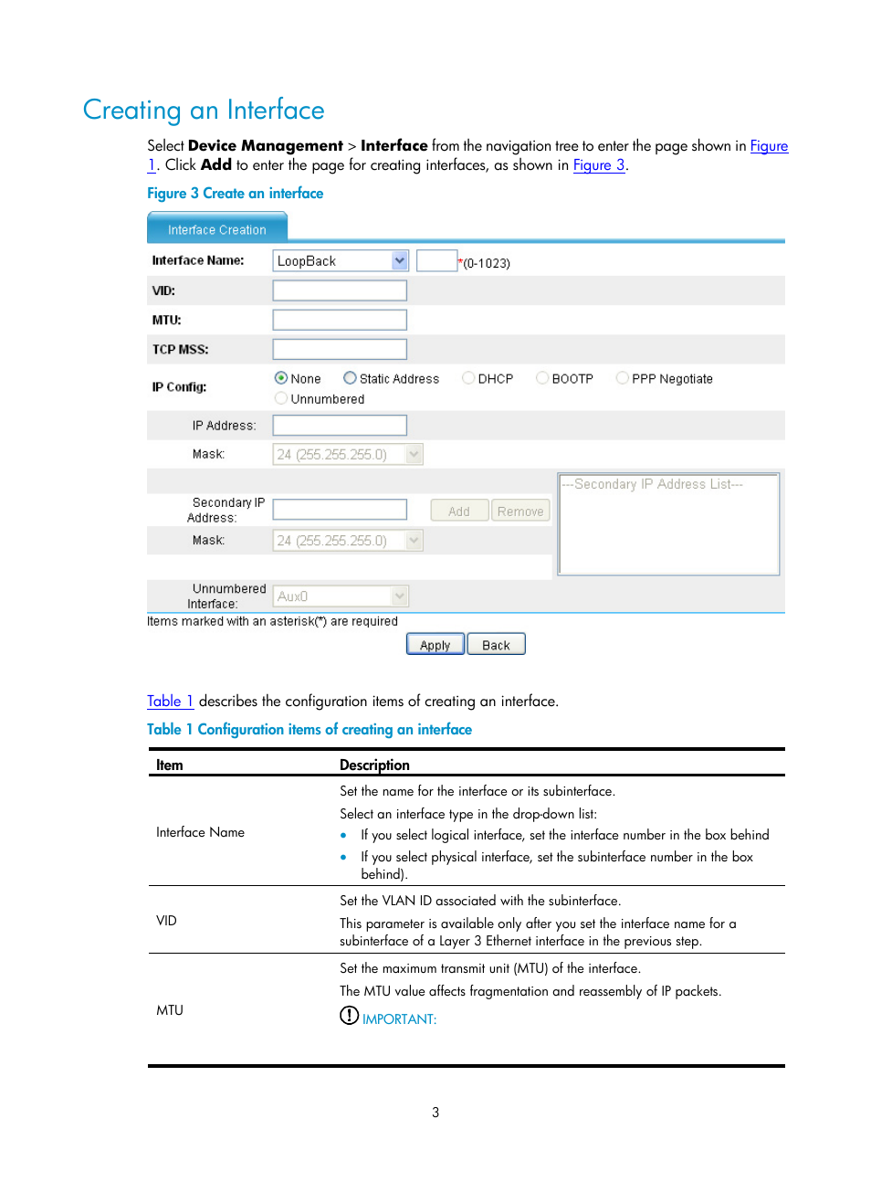 Creating an interface | H3C Technologies H3C SecPath F1000-E User Manual | Page 82 / 938