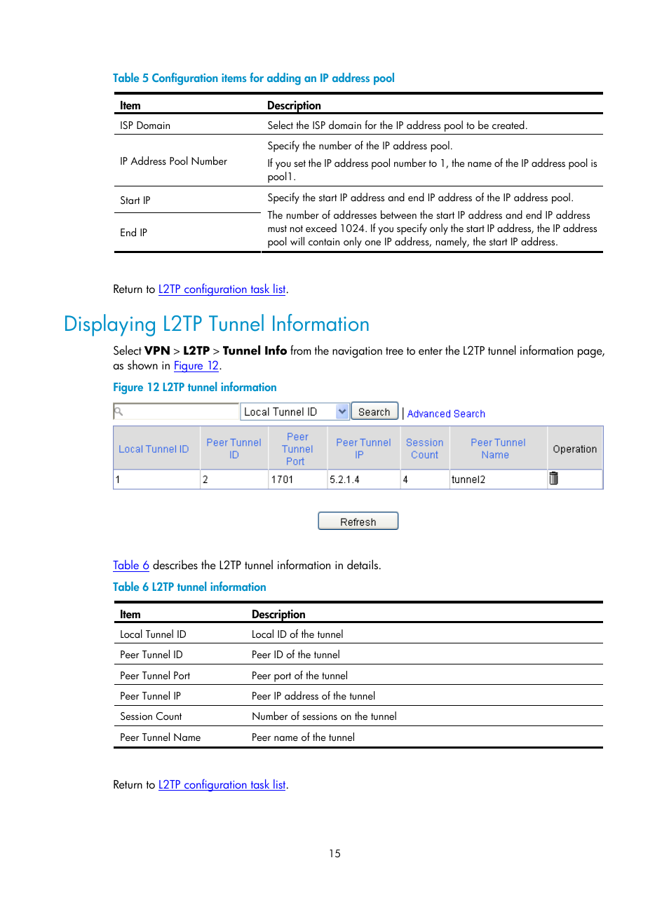 Displaying l2tp tunnel information, Table 5 | H3C Technologies H3C SecPath F1000-E User Manual | Page 823 / 938