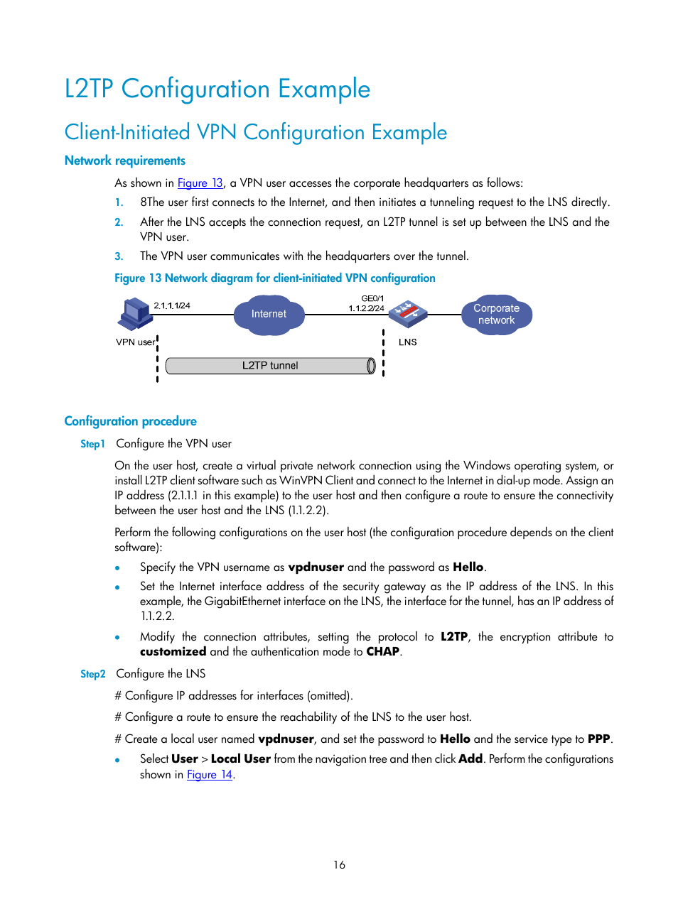 L2tp configuration example, Client-initiated vpn configuration example, Network requirements | Configuration procedure | H3C Technologies H3C SecPath F1000-E User Manual | Page 824 / 938