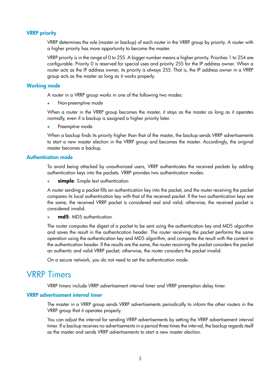 Vrrp priority, Working mode, Authentication mode | Vrrp timers, Vrrp advertisement interval timer | H3C Technologies H3C SecPath F1000-E User Manual | Page 832 / 938