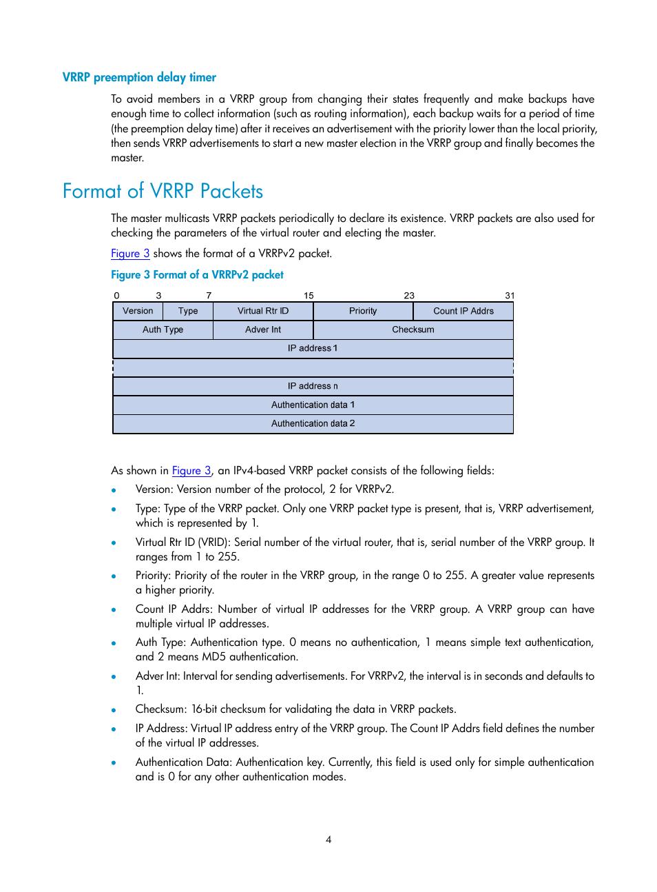 Vrrp preemption delay timer, Format of vrrp packets | H3C Technologies H3C SecPath F1000-E User Manual | Page 833 / 938