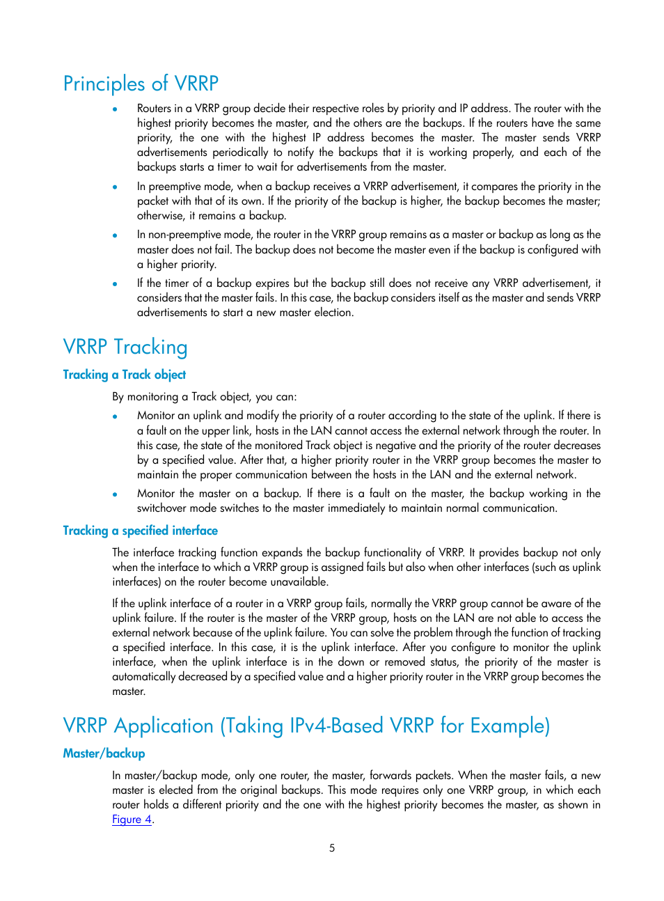 Principles of vrrp, Vrrp tracking, Tracking a track object | Tracking a specified interface, Master/backup | H3C Technologies H3C SecPath F1000-E User Manual | Page 834 / 938