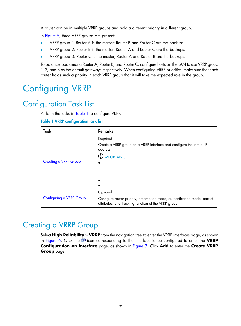 Configuring vrrp, Configuration task list, Creating a vrrp group | H3C Technologies H3C SecPath F1000-E User Manual | Page 836 / 938
