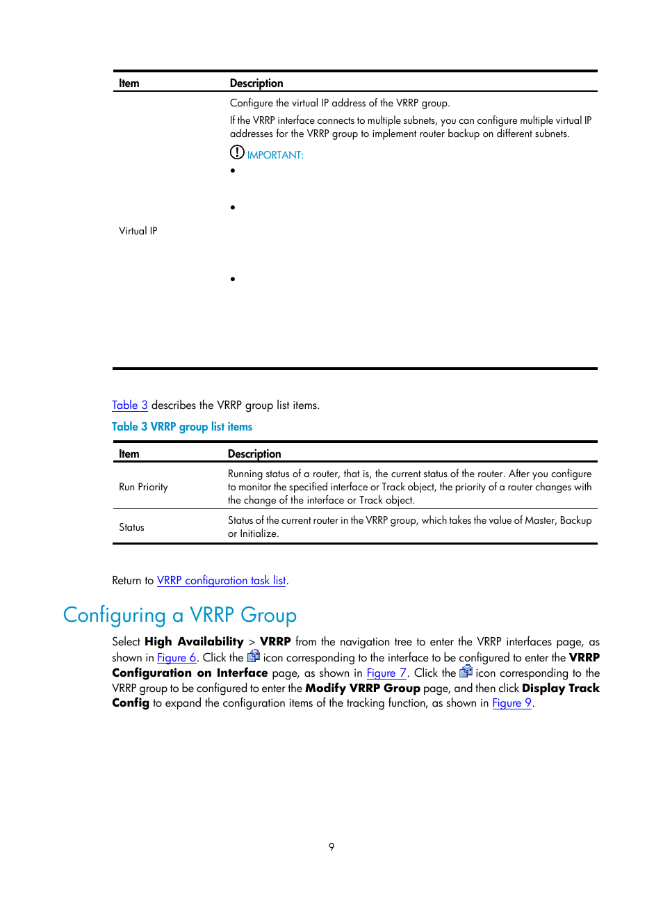 Configuring a vrrp group | H3C Technologies H3C SecPath F1000-E User Manual | Page 838 / 938