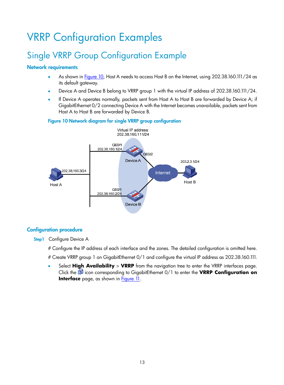 Vrrp configuration examples, Single vrrp group configuration example, Network requirements | Configuration procedure | H3C Technologies H3C SecPath F1000-E User Manual | Page 842 / 938