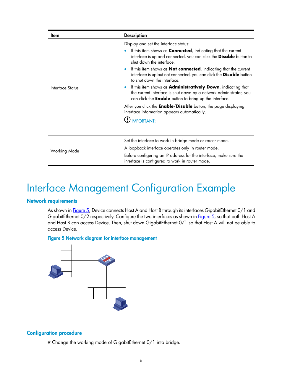 Interface management configuration example, Network requirements, Configuration procedure | H3C Technologies H3C SecPath F1000-E User Manual | Page 85 / 938