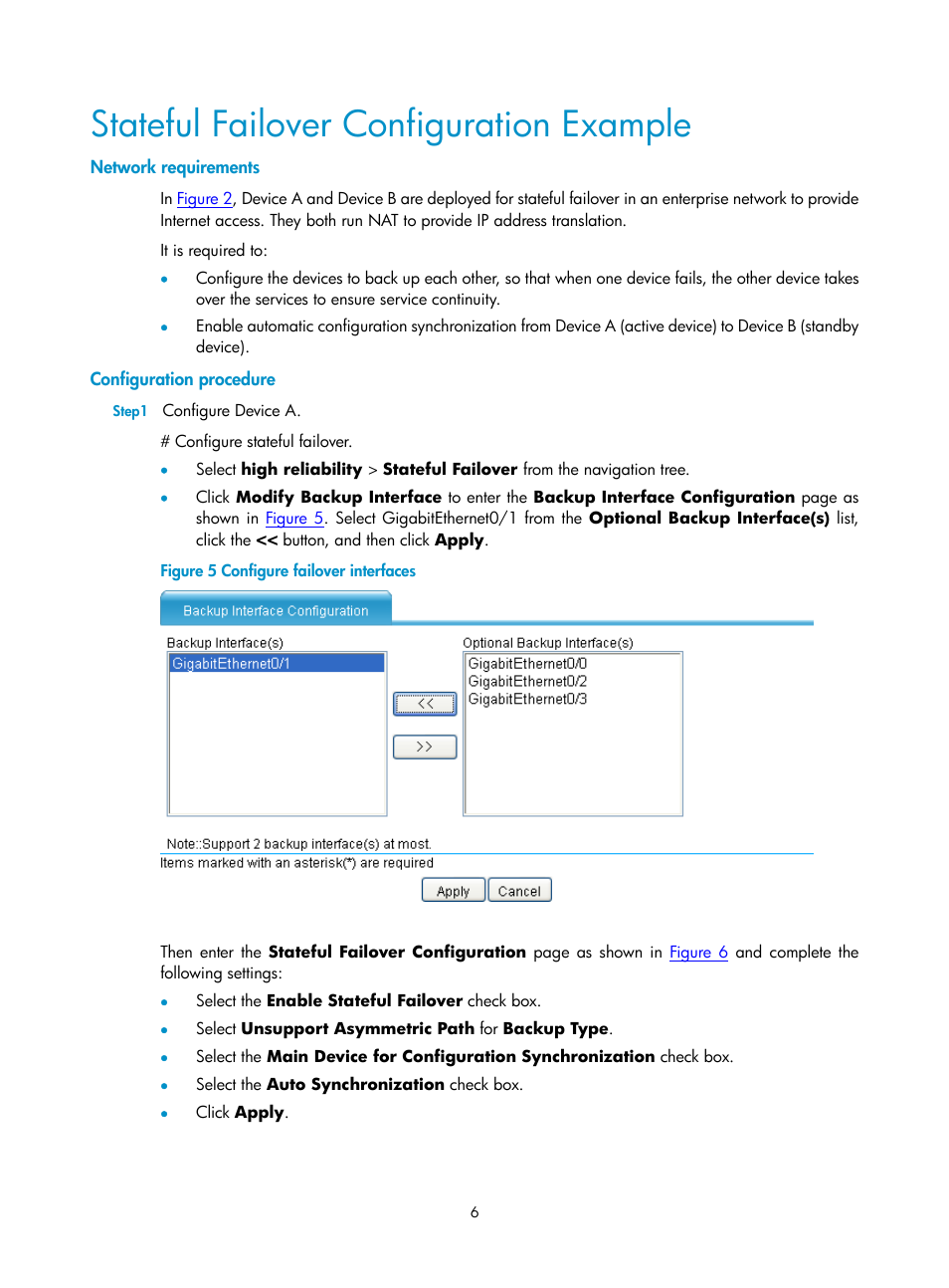 Stateful failover configuration example, Network requirements, Configuration procedure | H3C Technologies H3C SecPath F1000-E User Manual | Page 855 / 938