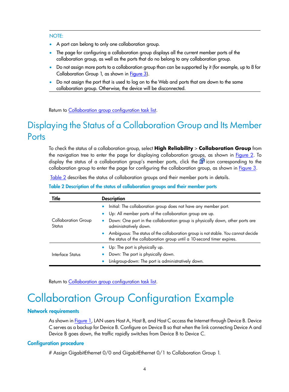 Collaboration group configuration example, Network requirements, Configuration procedure | Member ports | H3C Technologies H3C SecPath F1000-E User Manual | Page 862 / 938