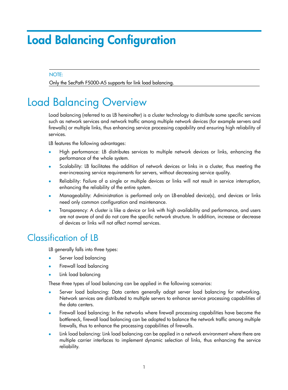 Load balancing configuration, Load balancing overview, Classification of lb | H3C Technologies H3C SecPath F1000-E User Manual | Page 866 / 938