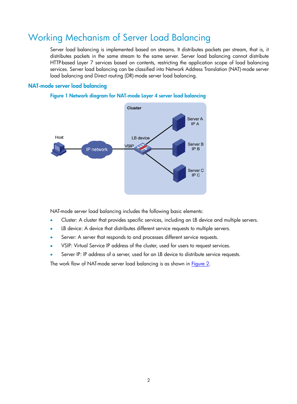 Working mechanism of server load balancing, Nat-mode server load balancing | H3C Technologies H3C SecPath F1000-E User Manual | Page 867 / 938
