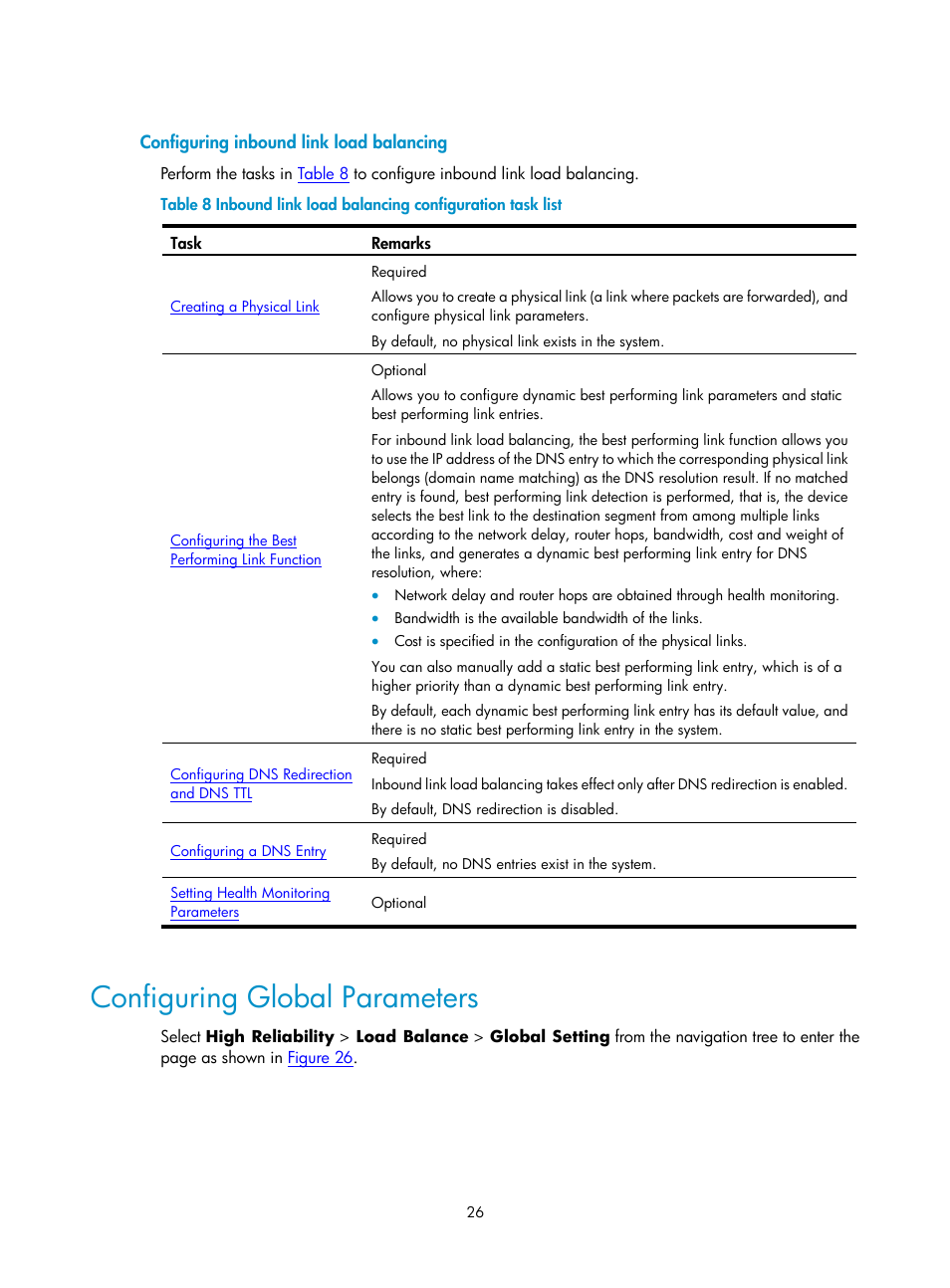 Configuring inbound link load balancing, Configuring global parameters | H3C Technologies H3C SecPath F1000-E User Manual | Page 891 / 938