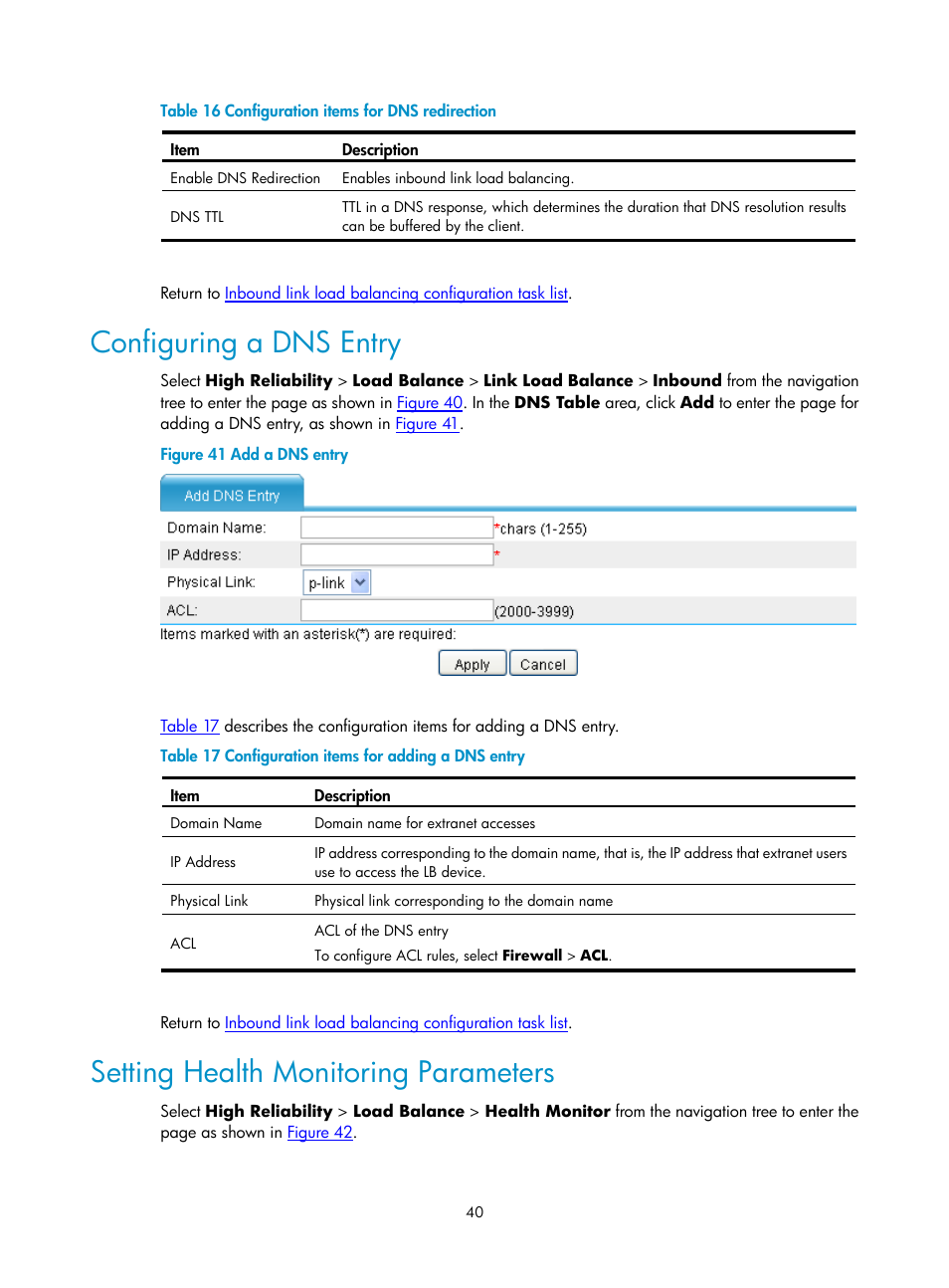 Configuring a dns entry, Setting health monitoring parameters, Table 16 | H3C Technologies H3C SecPath F1000-E User Manual | Page 905 / 938