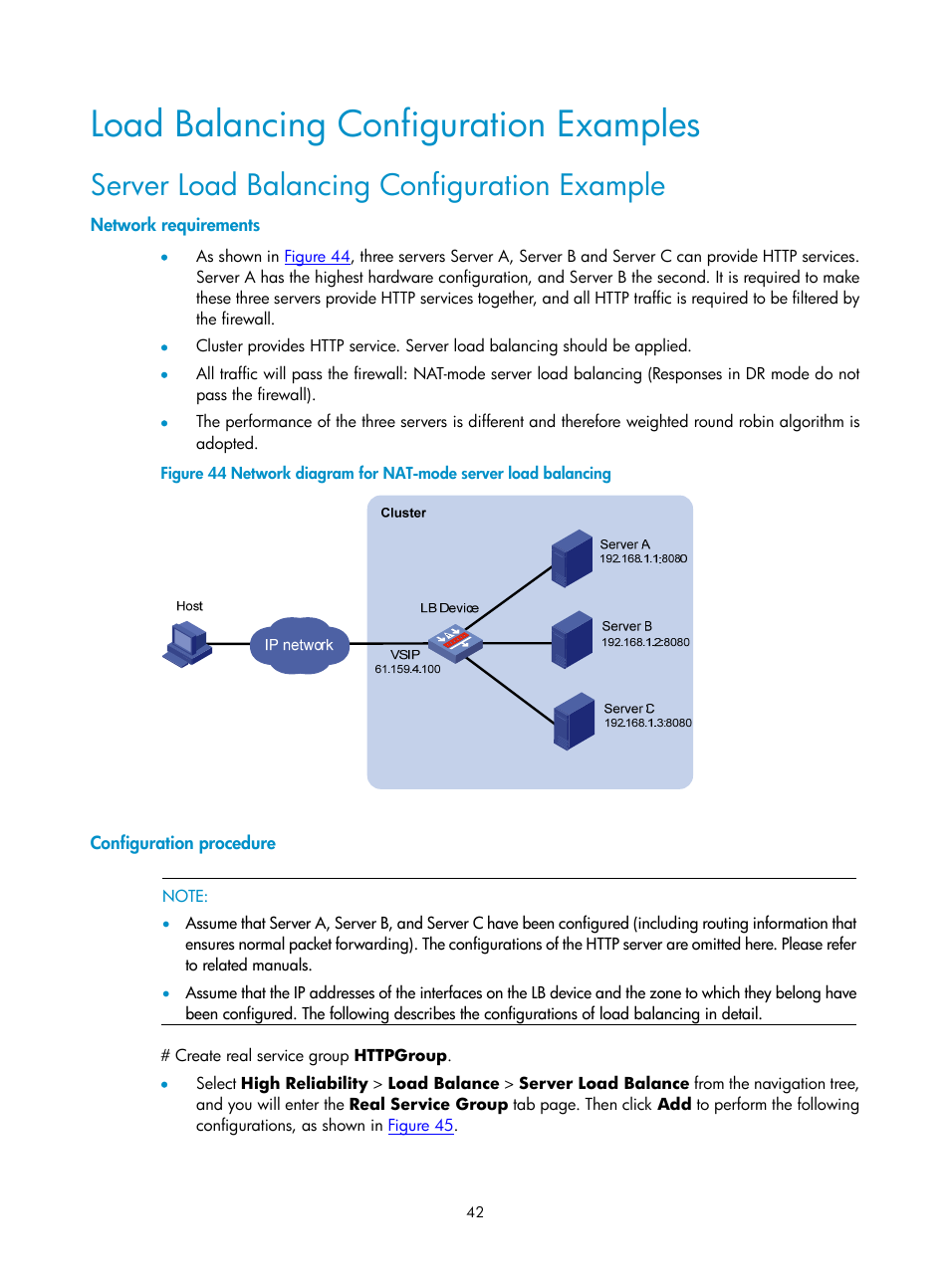Load balancing configuration examples, Server load balancing configuration example, Network requirements | Configuration procedure | H3C Technologies H3C SecPath F1000-E User Manual | Page 907 / 938