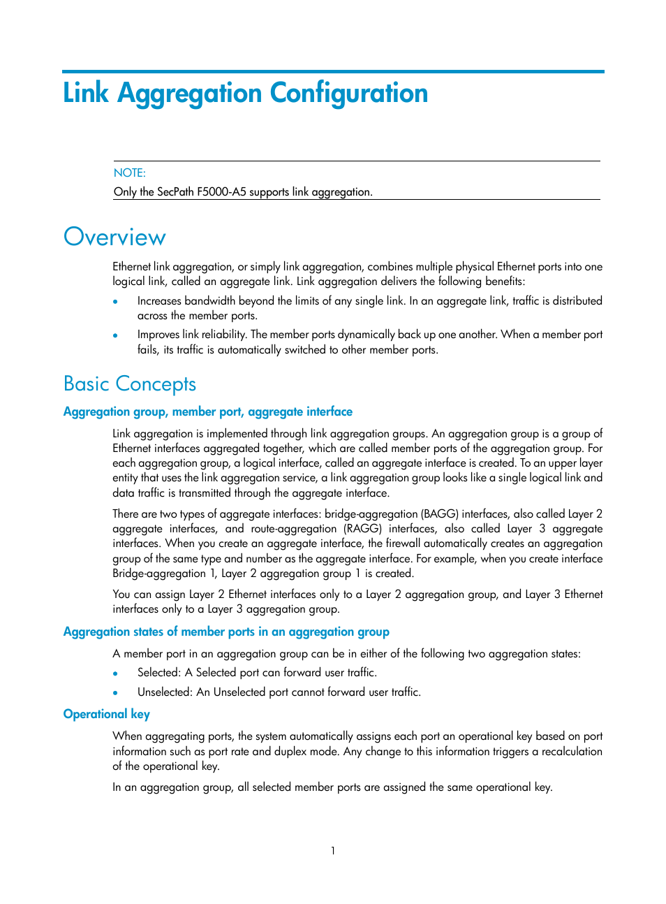 Link aggregation configuration, Overview, Basic concepts | Operational key | H3C Technologies H3C SecPath F1000-E User Manual | Page 91 / 938