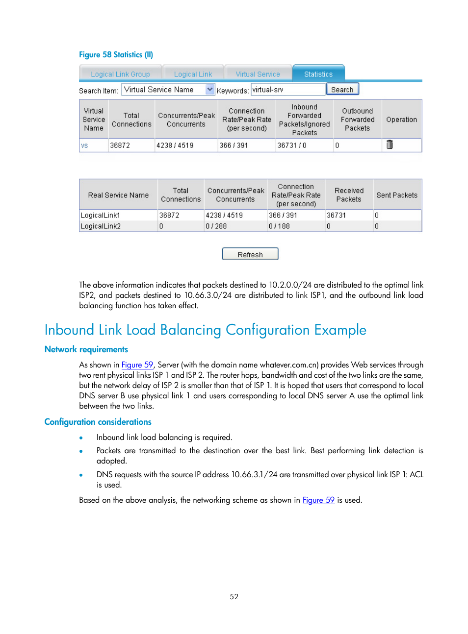Inbound link load balancing configuration example, Network requirements, Configuration considerations | H3C Technologies H3C SecPath F1000-E User Manual | Page 917 / 938