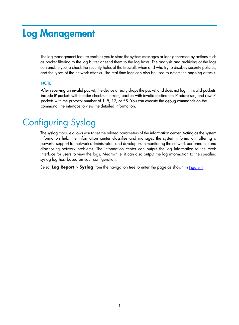 Log management, Configuring syslog | H3C Technologies H3C SecPath F1000-E User Manual | Page 923 / 938